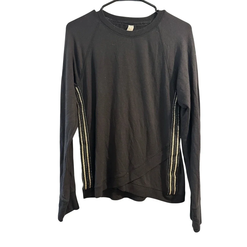 Athleta Girl Black Sweatshirt Gold Metallic‎ Side Stripe Crossover Hem XXL 16